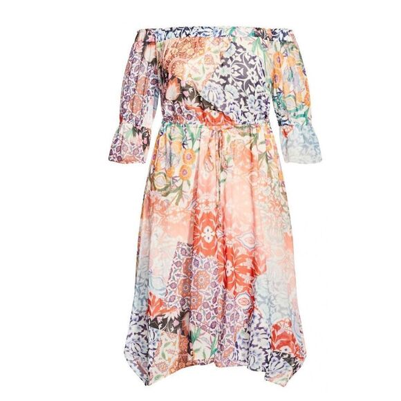 City Chic Adisa Off Shoulder Mixed Media Multi Color Print Shark Bite Hem Dress - Picture 10 of 10